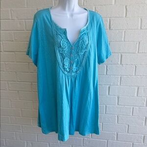 Woman Within Blue V-Neck Tunic Crocheted Lace Accent at Yoke Loose fit Size Larg